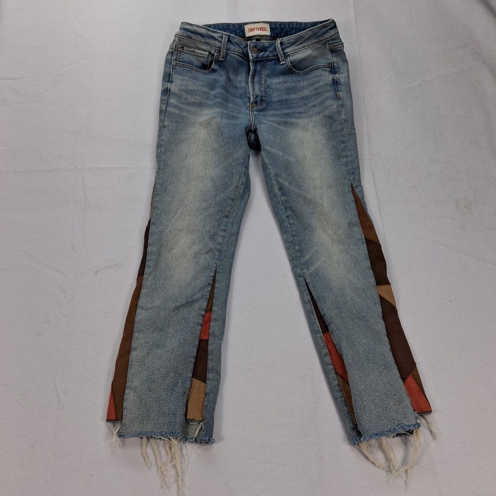 Driftwood Jeans Womens 27 Indie Blue Patchwork Frayed Hem Cropped Flare EUC